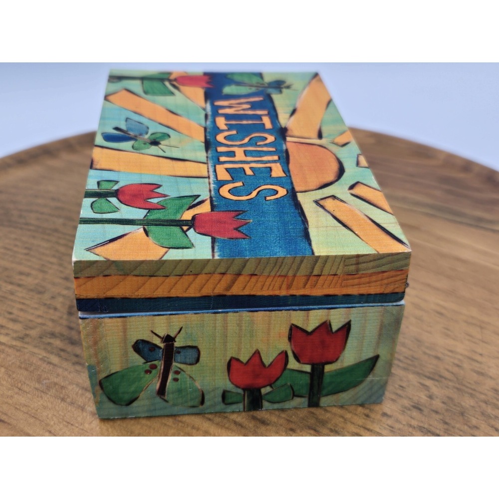 Stephanie Burgess Painted Peace Wood Trinket Box WISHES Butterflies Tulips 4.75"